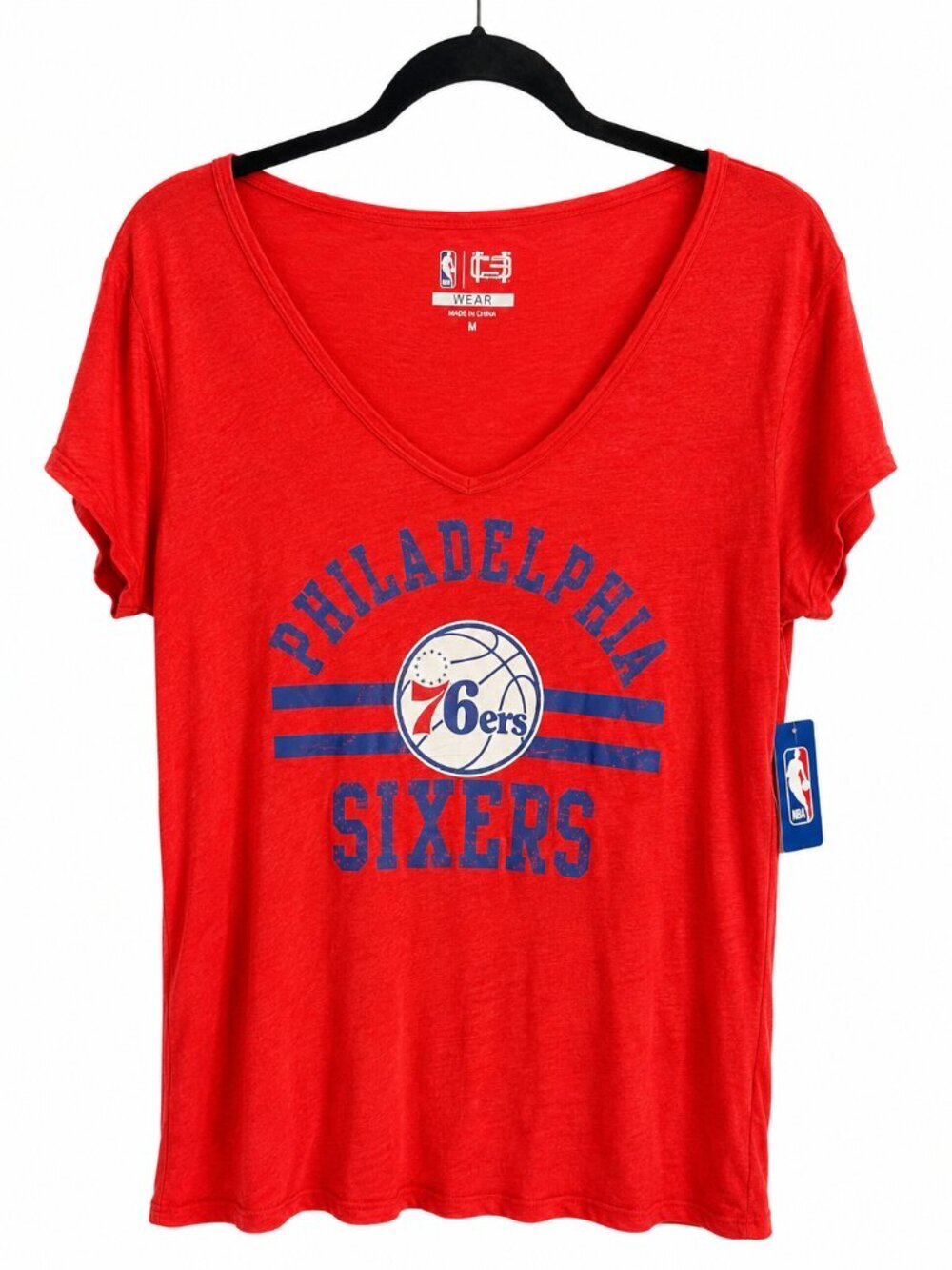 Philadelphia 76ers Red V Neck Tee NBA Basketball Relaxed Fit Shirt Size XL NWT